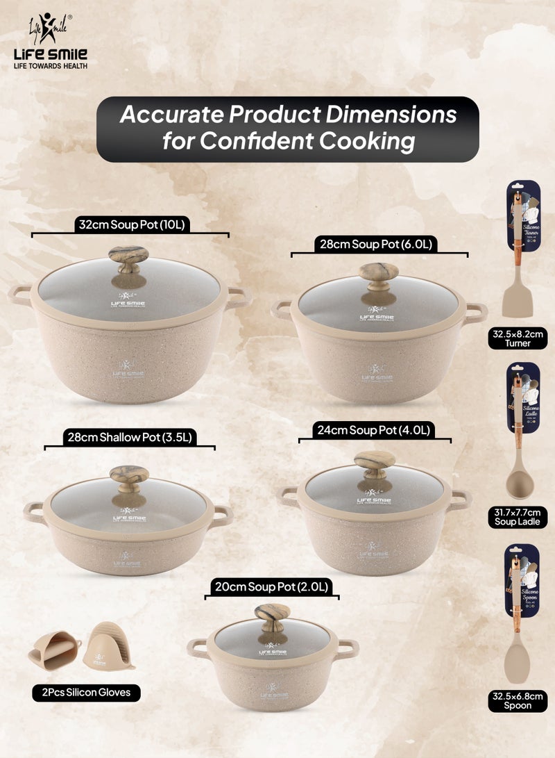 Life Smile Multi Layer Granite Non-Stick Cookware Set with Induction Bottom – 20/24/28/32cm Aluminium Soup Pots with Lid,28cm Shallow Pot with Lid,3pcs Silicone Utensils & 2pcs Silicon Gloves – Oven Safe - Image 3